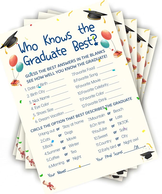 30PCS 2026 Graduation Party Game Cards, Who Knows The Graduate Best Game, Senior High School & College Graduation Party Favors-DH01