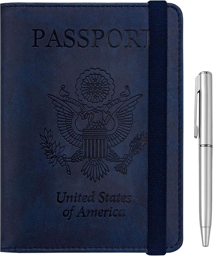 WALNEW Passport Holder for Travel, RFID Passport Wallet, Travel Essentials | PU Leather Passport Cover Case with Pen Holder, Travel Must Haves Accessories, Passport Book Holder for Women Men