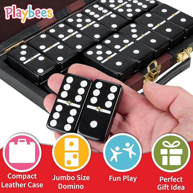 Playbees Jumbo Double Six Dominoes Set - 28 Black Classic Tiles in Faux Leather Case - Fun Educational Toy for Kids, Boys, Girls, Classroom Kit, Classic Game Night Party Favors Set, Travel-Friendly