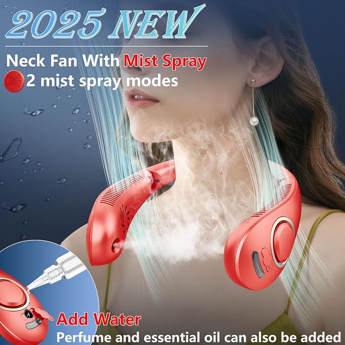 Neck Fans for Women Rechargeable-Foldaway Personal Fan with Water Mist,Wearable Hanging Fan Around Neck,Small USB Rechargeable Neck Cooler for Mother's Day Father's Day Adults Kids Birthday Gifts Red