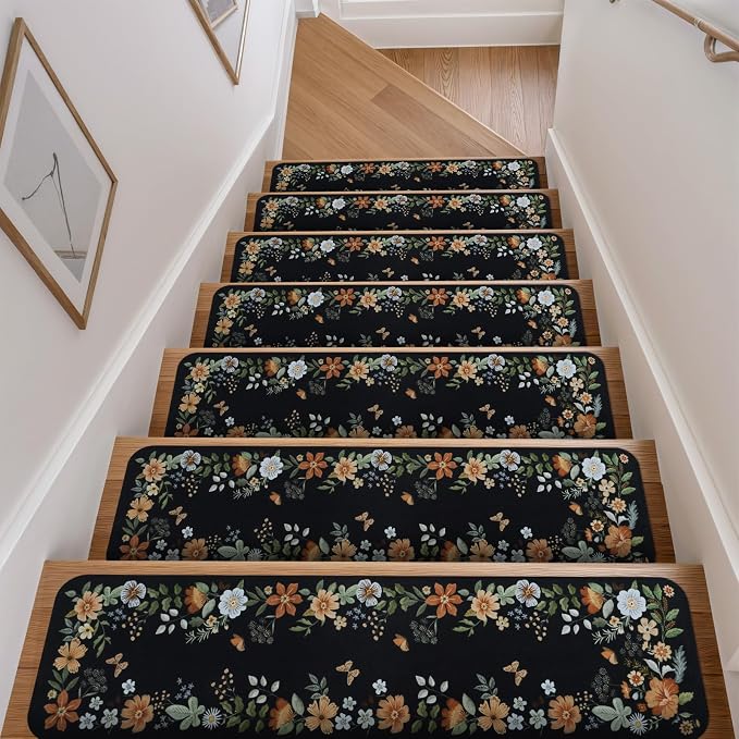OJIA Stair Treads Non-Slip Carpet Stair Treads for Wooden Steps Indoor | 15PCS 30"x8" Floral Stair Runner Stair Mats Staircase Step Treads for Kids, Elders and Dogs, Stair Covers, Black