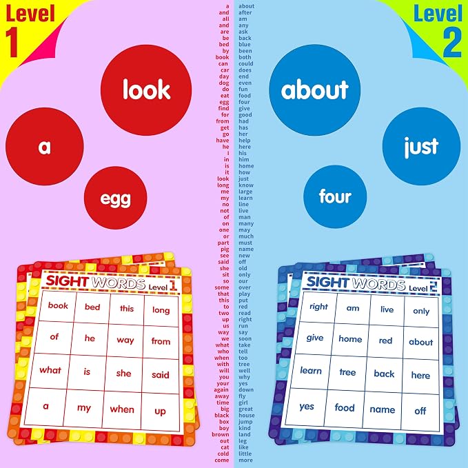 SpriteGru Sight Word Bingo Game, 160 Sight Words Learn to Read Level 1 & Level 2 Bingo Board Game Dolch's & Fry's Words Lists for Kindergarten and Preschool Kids 4-8, Perfect for Classroom & At Home