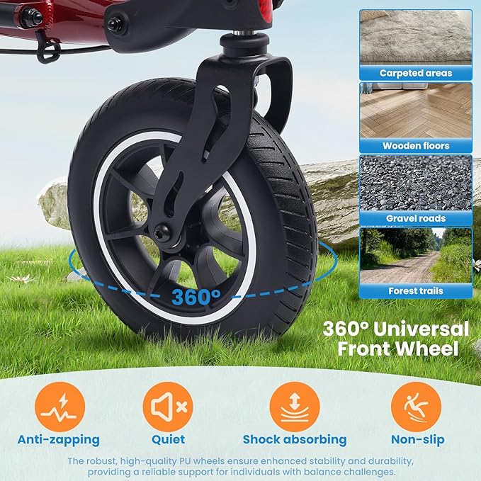 Rollator Walker for Seniors/Adults Foldable Rolling Walker with Seat 330 lbs Capacity 10 inch Wheels Hand Grips Adjustable Height Lightweight Durable Aluminum Walker Removable Back Support (Red)