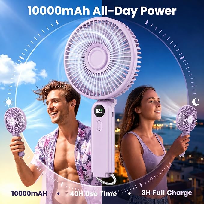 Portable Handheld Fan, 10000mAh Rechargeable 6-Inch Personal Fan for Travel | Ultra Quiet Foldable Desk Fan, 5-Speed Battery Operated Fan with Up to 40H Runtime and Digital Display for Travel and Makeup