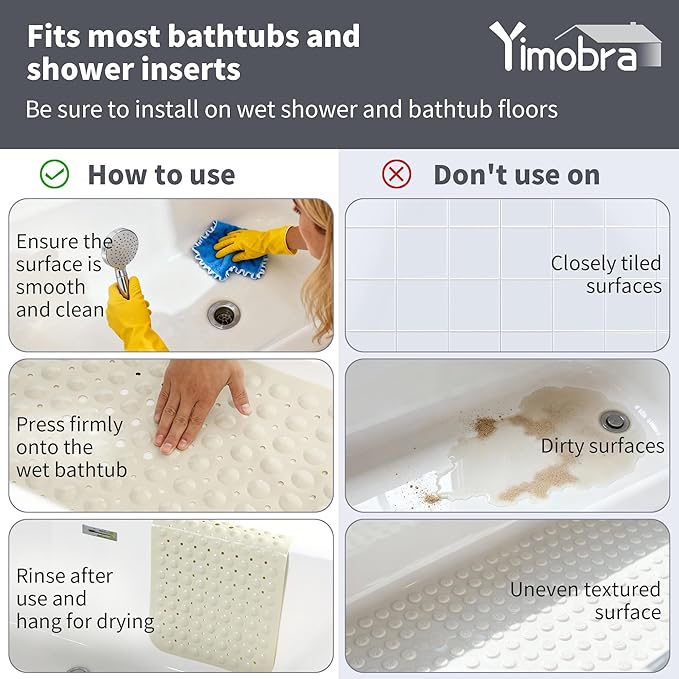 Yimobra Non Slip Bathtub Mat 40 x 16 Inch, Extra Long Shower Mat with Drain Holes, Machine Washable Baby Bath Mats, Strong Suction Cups for Bathroom Floor, Beige