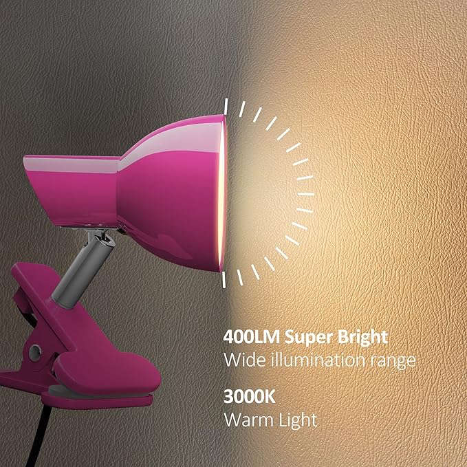LED Clip on lamp,5W Super Bright Reading Light, 330° Rotation Small Lamp with Clamp on Desk/Table/Bed Headboard/Cupboard Home Lighting, Modern and Save Space Illumination Powerful Lamp Pink