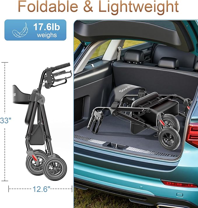Rollator Walkers for Seniors with Seat, Foldable Lightweight Rolling Walker with 8" Big PU Wheels, Ergonomic Seat, Dual Height Adjustment