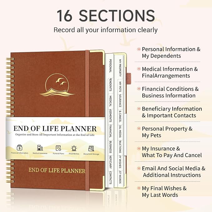 End of Life Planner, Estate Planning Organizer with Tabs for Senior, Spiral Funeral Planning Book with Large Font, Gold Corner Guards & Inner Pocket for Will Preparation, 7.36" x 10.4", Brown