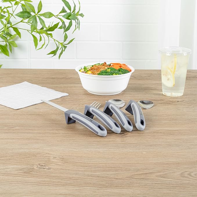 Restaurantware Adaptive Cutlery Set - 1 Set 9.84 x 5.12 x 1.57 Inches - Non-Slip Ergonomic Dining Utensils With Textured Handle - Stainless Steel Gray