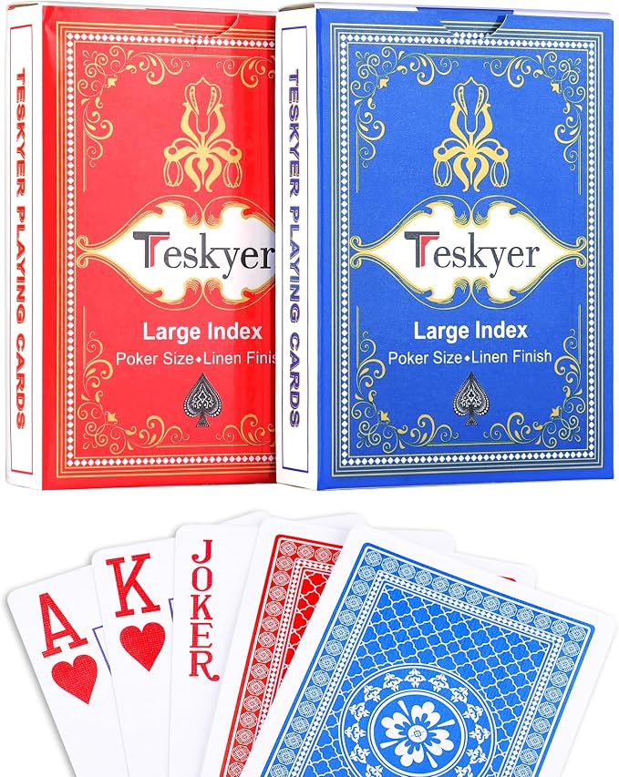 Teskyer 2 Deck Plastic Playing Cards, Large Index, Pattern A | Poker Size, Frosted Texture Back, Flexible Plastic Material, Smooth Shuffling, Seniors & Family Games