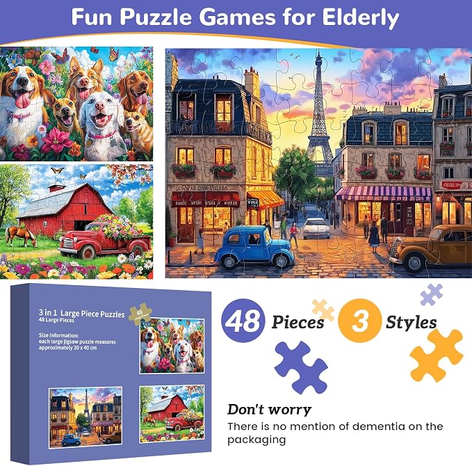 3 Packs 48 Large Piece Puzzle for Seniors,Dementia Alzheimer's Products Activities for Elderly Adults,Easy Puzzle Alzheimer’s Memory Cognitive Game Gift for Patient in Nursing Home with 6 Storage Bags