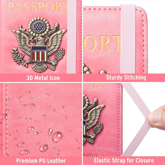 Passport Holder for Travel Women, RFID Blocking Passport Wallet Cover Case, Waterproof Leather Travel Wallet, Document Protector for Traveling Accessories-Hot Pink