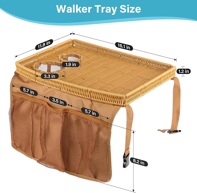 Walker Tray for Folding Walker, Handmade Rattan Trays for Walkers for Seniors Detachable with Cup Holder,Walker Trays for Rolling Folding Walker,Walker Accessories for Elderly
