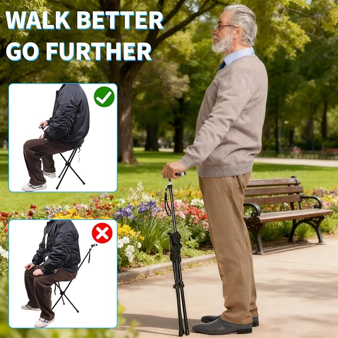 Cane with Seat Foldable Lightweight, Walking Cane with seat, Adjustable Walking Stick for Seniors & Elderly, with Padded Seat and Non-Slip Base for Outdoor Walking, Hiking, and Travel Assistance