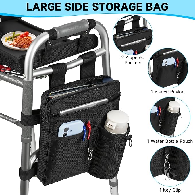 Walker Tray for Folding Walkers with Cup Holder & Side Bag, Adjutable Walker Tray Table Fits Most Standard Walkers, Non-Slip & Easy-Clean Leather Surface, Removable & Easy Assembly