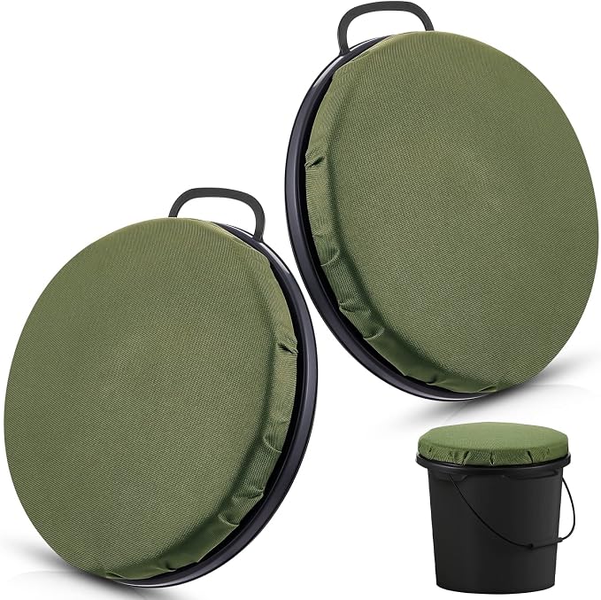 Lewtemi 2 Pcs 5 Gallon Bucket Seat 360 Degree Swivel Lid with 2" Thick Green Padded Cushion Lid with Waterproof Cover, Ideal for Winter Ice Fishing, Waterfowl Hunting, Camping and Outdoor Activities