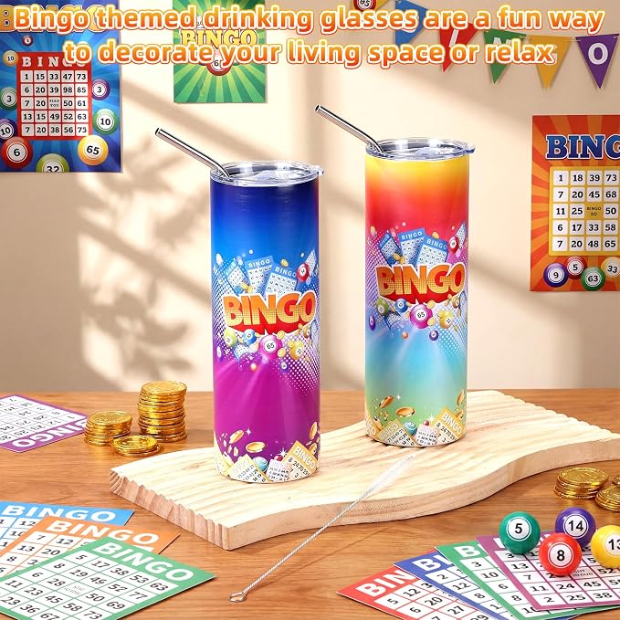 Geiserailie 2 Pack Bingo Tumbler Cups 20 oz Game Gifts Stainless Steel Tumbler with Lids Prizes for Seniors Mom Grandma Dad (Bright)