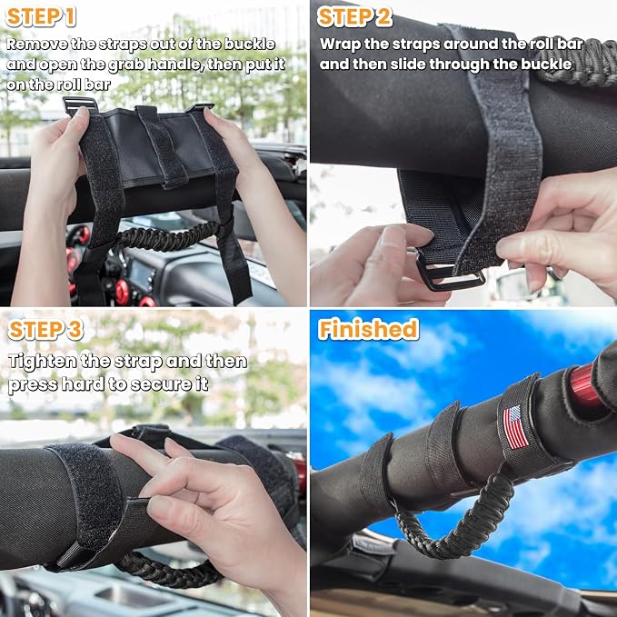 Roll Bar Grab Handles Grip Handle for Jeep Wrangler JK JKU JL JLU TJ YJ Sport Sahara Freedom Rubicon Unlimited Gladiator JT 1955-2023 UTV ATV Accessories Premium Paracord US Flag (Black 2 Pack)