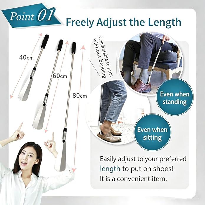 Telescopic Shoe Horn Long Handle 16" to 31" Metal Adjustable Length,Shoe Helper Tool For Seniors Adults Kids