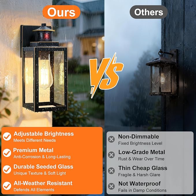 2-Pack Motion Sensor Outdoor Wall Lights, Black with Gold Trim | Auto ON/OFF, 3 Lighting Mode, Waterproof, Rust-Resistant, Durable Metal & Seeded Glass, Easy to Install, Ideal for Front Door
