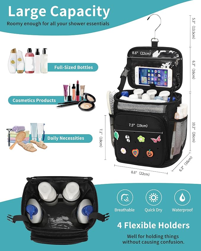 Hanging Shower Caddy Portable, Mesh Shower Bag for College Dorm Room Essentials, Large Capacity Shower Organizer Basket with DIY Decoration Charms, Toiletry Bag for Bathroom, Gym, Swim, Camping, Beach
