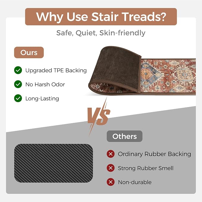 sarben 8"x30" Non Slip Stair Treads for Wooden Steps 15 Pack, Antique Red | Peel and Stick Carpet Stair Runner with TPE Adhesive Backing, Carpet for Added Safety, Pet and Senior Friendly