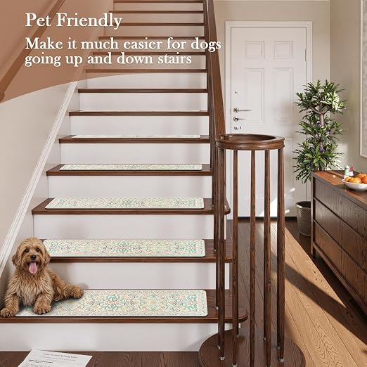 OJIA Pink Floral Stair Treads for Wooden Steps 15PCS 8"x30" Stair Runner | Non-Slip Stair Runners Rubber Carpet Treads for Wood Stairs Indoor Staircase Step Treads for Kids & Dogs, Stair Covers, Green
