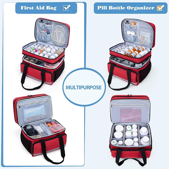CURMIO Double Layers Pill Bottle Organizer, Medicine Storage Case, Red | Emergency Medical Supplies for Home Care, for First Aid Kits, Multifunctional Bag, Home Storage, Dormitory, Travel, Empty Bag
