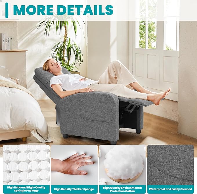 Sweetcrispy Recliner Chair Fabric Recliner Sofa No Massage, Home Theater Seating with Lumbar Support, Adjustable Push Back Overstuffed High-Density Sponge Reclining for Living Room, Grey