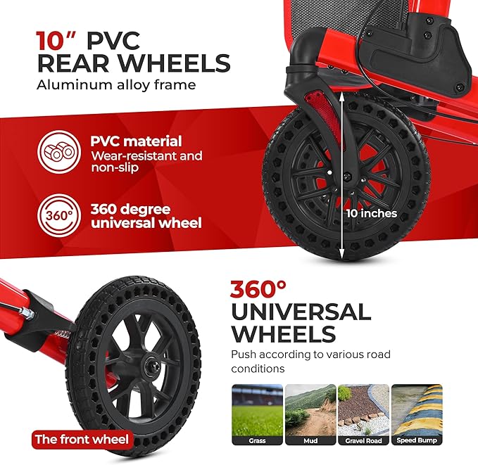 Metro Mobility Rollator Walker with Seat for Seniors, Foldable Lightweight Walkers for Seniors, 10" Big Front Shock-Absorbing Honeycomb Wheels for All Terrain, 300 lb. Weight Capacity, Red