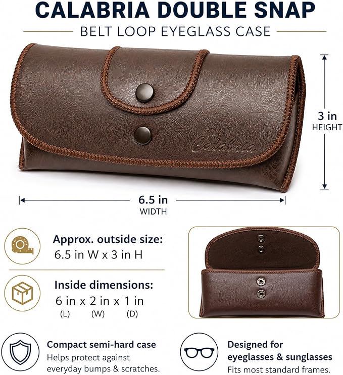 Calabria Double Snap Belt Loop Eyeglass Case PU Leather Brown Old School Vintage Eye Glasses Pouch Semi-Hard Sunglass Holder - 100PACK