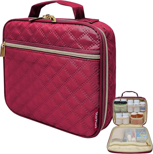 Medium Pill Bottle Organizer, Medicine Bag, Case, Carrier for Medications, Vitamins, and Medical Supplies - Travel Medicine Organizer Home Storage Med Bag - Ultrasonic Red Wine (No Lock)