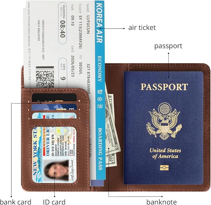 Passport Holder for Travel Essentials, RFID Blocking Passport Cover Wallet Card Case for Women and Men, PU Leather, Brown