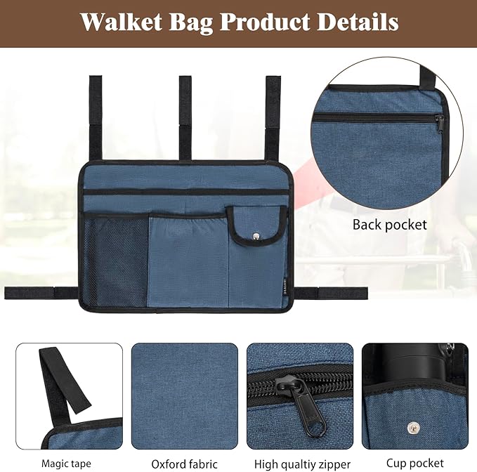 Walker Bag Multiple Pockets Walker Basket for Folding Walker with Cup Holder Bag for Walkers for Seniors Rollator Accessories Bag Blue