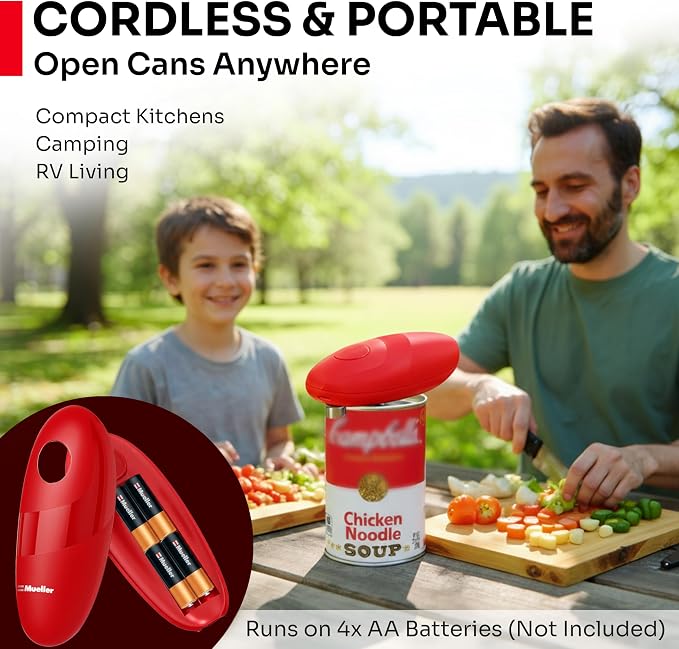 MUELLER HOME SmoothEdge Auto Can Opener Electric, Red | Battery-Operated, Magnet Lid Lifter, Portable Hands-Free One Touch, For Seniors & Arthritis, Kitchen Accessories