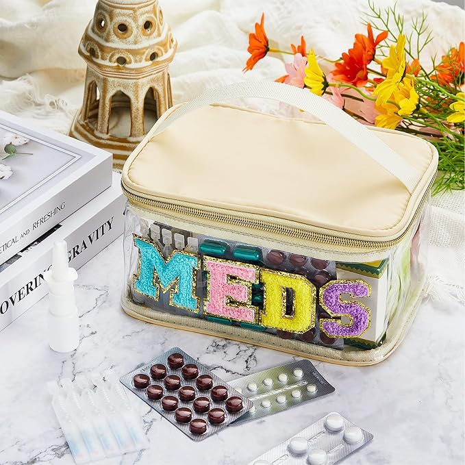 Geetery Chenille Letter Bag, Meds Cheer Travel Cases Cheerleader Gifts Cosmetic Bag Nylon Makeup Portable Preppy Patch with Zipper Toiletry Storage Case for Women(Beige,Stylish Meds)