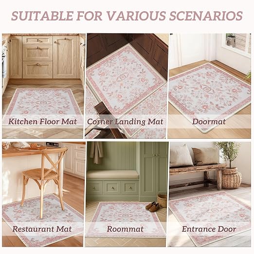 RORA Stair Treads Landing Mat, 30x30 Stair Landing Rug for Indoor | Non-Slip, Washable, For Wooden Steps, Floral Design, Stair Rugs Mat for Pets, Pink