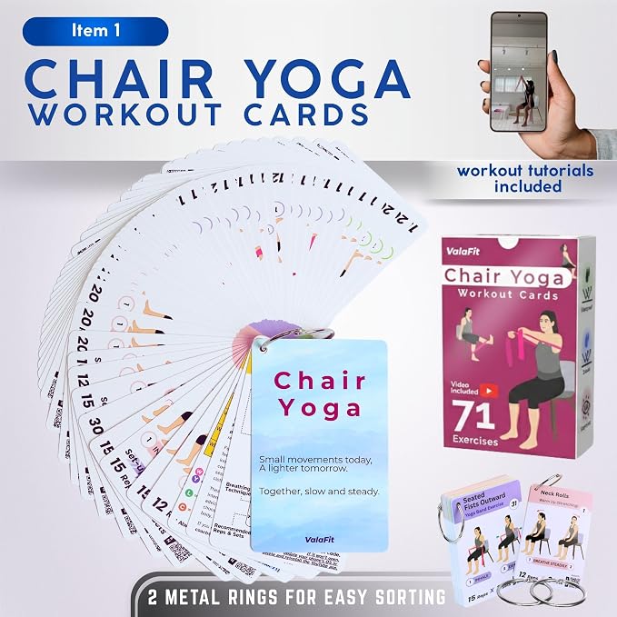 [All-in-One Kit] Chair Yoga for Seniors Over 60: 71 Large Print Exercise Cards with Video + 4 Resistance Bands for Mobility, Balance & Strength | Gift for Mom & Dad
