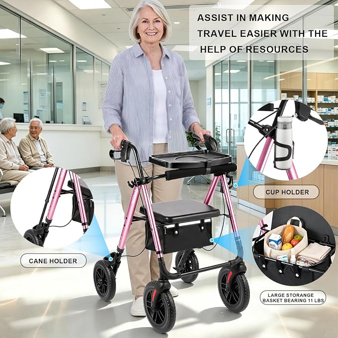 Foldable Rollator Walker for Seniors with Seat,4 Wheel Rolling Walkers | 300lbs walker with tray for Adults & Mobility Impaired|8" Airless Tires|Anti-tip brakes|Adjustable height|Tool-Free Assembly