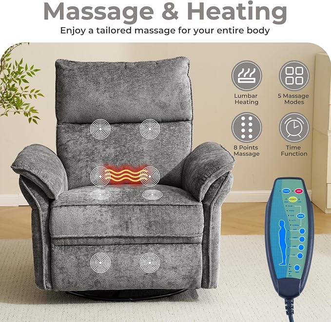 Oversized Power Recliner Chair Swivel Glider with Massage and Heat, Rocker Nursery Recliner for Adults with Adjustable Headrest, 24" Extra Wide Nursery Chair with Overstuffed Armrest, Dark Grey
