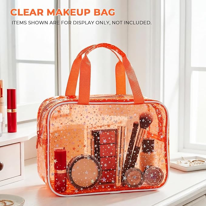Clear Orange Star Large Makeup Bag with Star Pattern 12x5x8 inch, Travel Cosmetic Bag with Handle, Durable PVC Material Washbag Zipper Opening Design for Makeup Travel Organizer or Gym Use