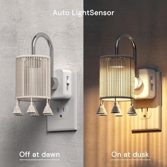 L LOHAS LED Night Lights Plug into Wall, Boho Fabric Cylinder Night Light | Decor Nightlight with Tassel,Dusk to Dawn Sensor,0-100LM Dimmable Vintage Night Lights for Bedroom,Living Room,Hallway