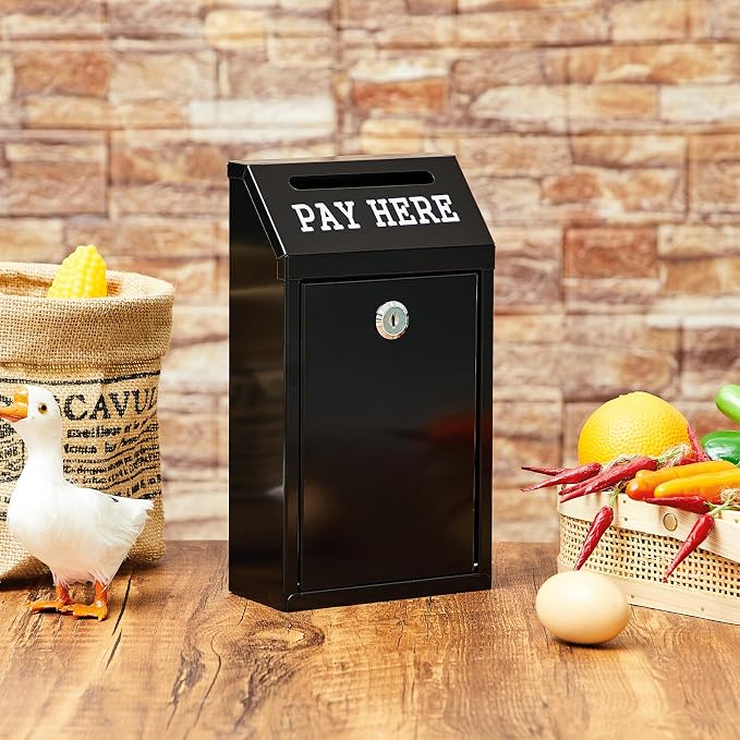 Yaocom Safe Metal Cash Box for Farm Stand – Money Drop and Secure Donation Collection, Wall Mount Lockable Unit with Pre Drilled Holes for Outdoor Self Serve(Black,10.2 x 5.7 x 2.8 Inch)