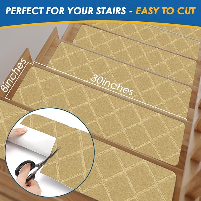 RIOLAND Stair Treads Carpet Non-Slip Indoor 15 PCS Wood Stair Treads Rugs Anti Moving Modern Stair Runners Safety for Kids Dogs, 8" X 30", Diamond Beige