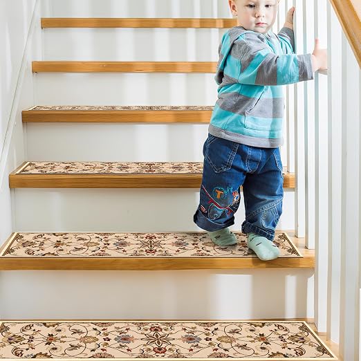 Vintage Stair Treads for Wooden Steps, 15 Pack Stair Runners Non Slip Indoor 8" X 30", Washable Carpet Rugs with Silicone Backing for Kids Elders and Dogs