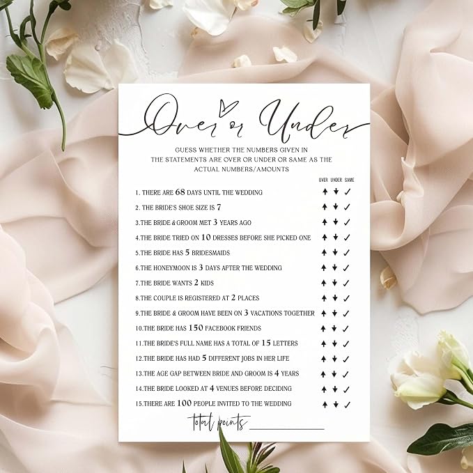 Wedding Shower Games Cards, Guess Over or Under, Bridal Shower Games 25 Guests, Engagement Party Wedding Games for Guests, Minimalist White Wedding Party Supplies - A13
