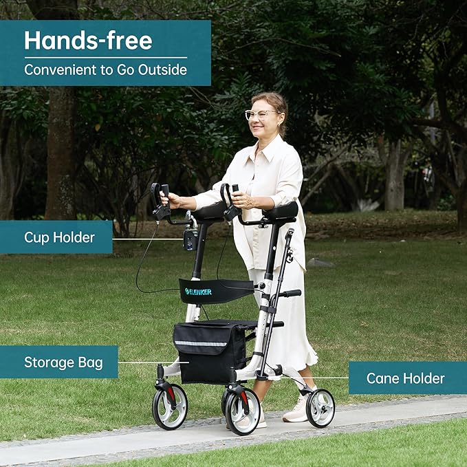 ELENKER Upright Walker, Stand Up Folding Rollator Walker Back Erect Rolling Mobility Walking Aid with Seat, Padded Armrests for Seniors and Adults, White