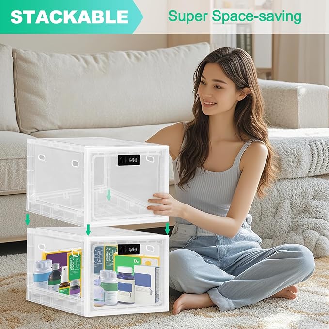 Medication Lock Box with Code, 12.6L Large Lockable Storage Box for Medicine, Snacks, Phone, and Electronics - BPA-Free, Clear Design with Charger Holes for Home, Office, Dorm, and Fridge