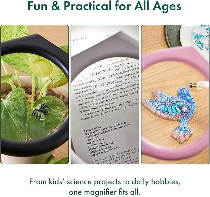 White Magnifying Glass with Light, 2.5X, 4X Handheld Large Magnifying Glass 3-LED, Support, Storage Pouch, Illuminated Lighted Magnifier for Seniors Reading, Observation, Research