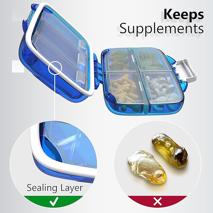 Travel Pill Organizer - Moisture Proof Portable Vitamin Holder with 7 Compartments, Compact Supplement Case for Purse Essential Medicine Kit fot Traveling Pocket Pharmacy with Labels, Blue